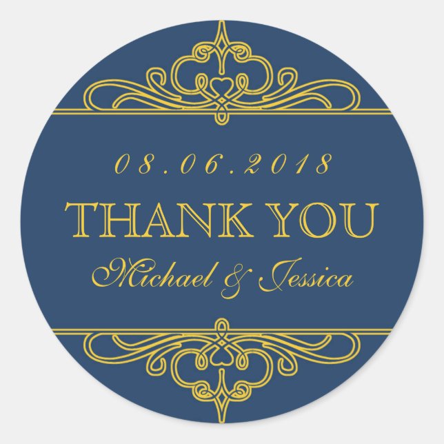 Navy Blue Vintage Swirl Ornament Wedding Stickers (Front)