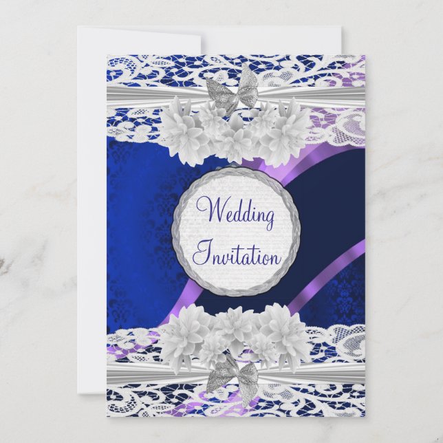 Navy blue vintage white lace wedding invitation (Back)