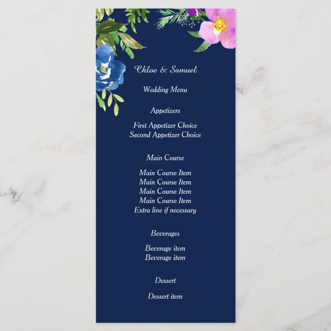 Navy Blue Violet Floral Wedding Menu (Front)