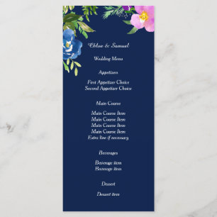 Navy Blue Violet Floral Wedding Menu