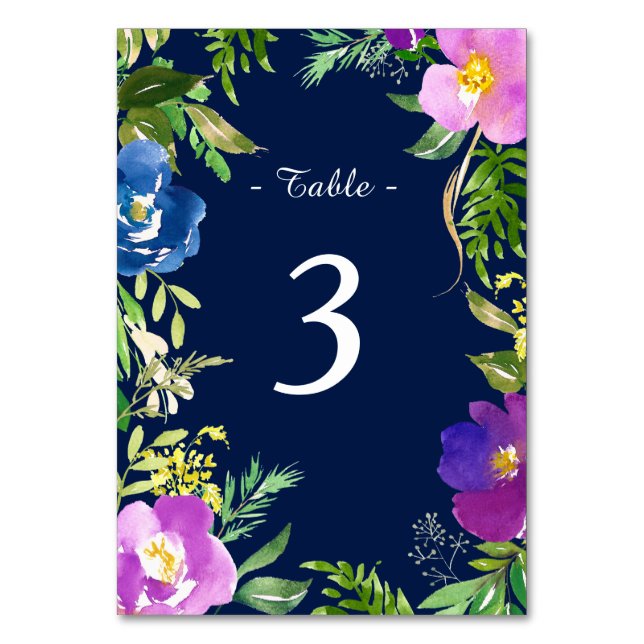 Navy Blue Violet Floral Wedding Table Number (Front)