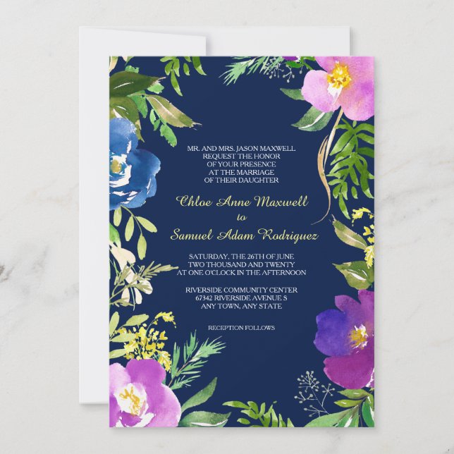 Navy Blue Violet Modern Floral Wedding Invitation (Front)