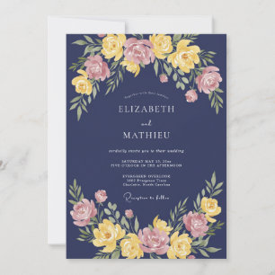 Navy Blue Vivid Floral Romance Wedding Invitation