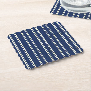 Navy Blue Warm Ivory Classic Elegant Stripes Paper Coaster
