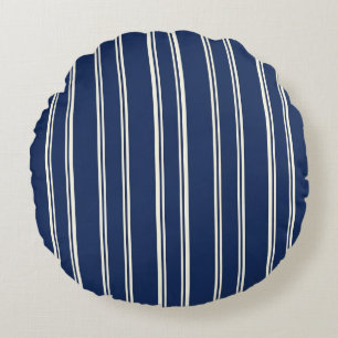 Navy Blue Warm Ivory Classic Elegant Stripes Round Cushion