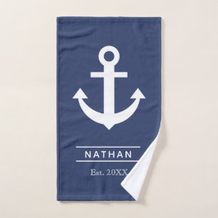 Navy Blue Washed Anchor Custom Monogram Name Hand Towel