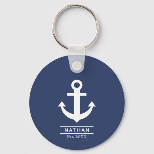 Navy Blue Washed Anchor Custom Monogram Name Key Ring