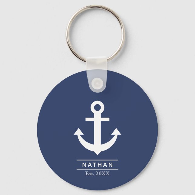 Navy Blue Washed Anchor Custom Monogram Name  Key Ring (Front)