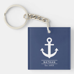 Navy Blue Washed Anchor Custom Monogram Name  Key Ring