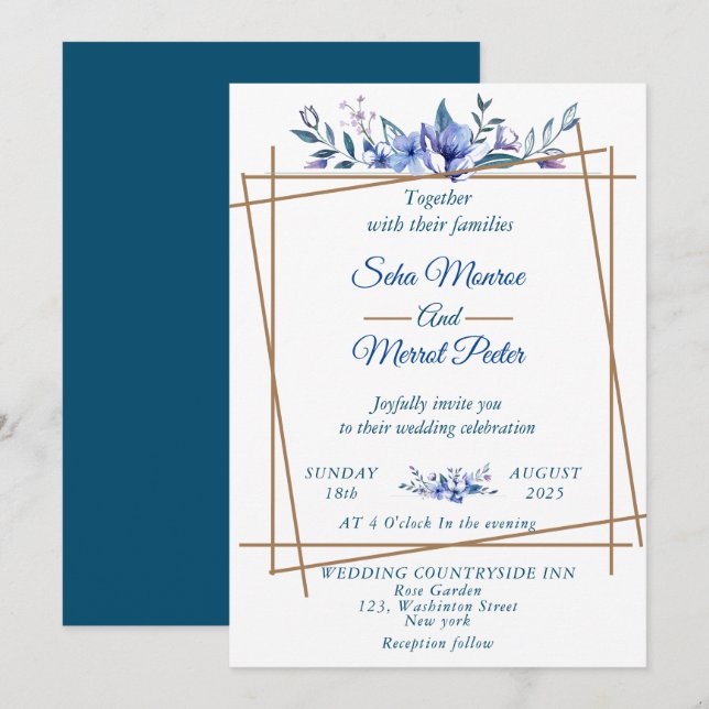 Navy blue waterclor rustic floral wedding invitation (Front/Back)