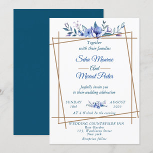 Navy blue waterclor rustic floral wedding invitation