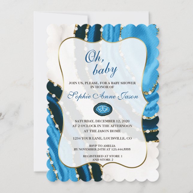 Navy Blue Watercolor Agate Pearls Baby Shower Invitation (Front)