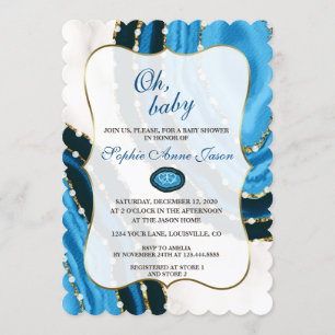 Navy Blue Watercolor Agate Pearls Baby Shower Invitation