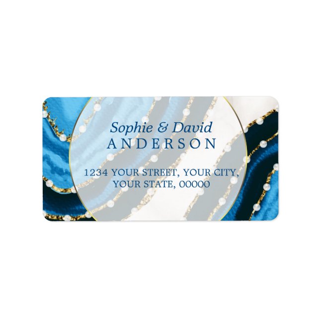 Navy Blue Watercolor Agate Pearls Wedding Label (Front)
