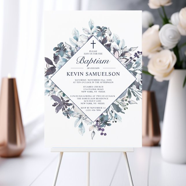 Navy Blue Watercolor Baptism Christening Boy Invitation (Navy Blue Watercolor Baptism Christening Boy Invitation)