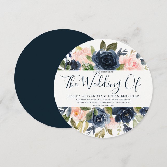 Navy Blue Watercolor Blush Flowers Wedding Invitation (Front/Back)