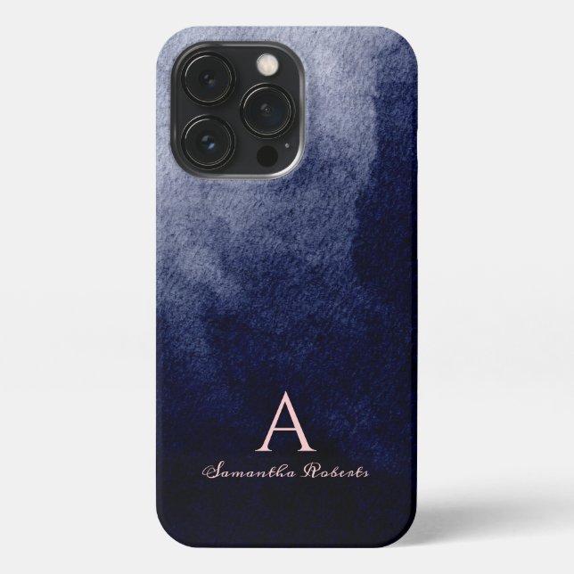  Navy Blue Watercolor Blush Pink Script Monogram iPhone Case (Back)