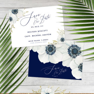 Navy Blue Watercolor Botanical Anemone Wedding  Sa Save The Date