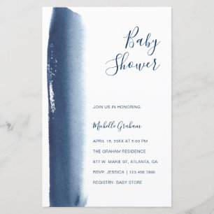 Navy Blue Watercolor Boy Baby Shower Invitation
