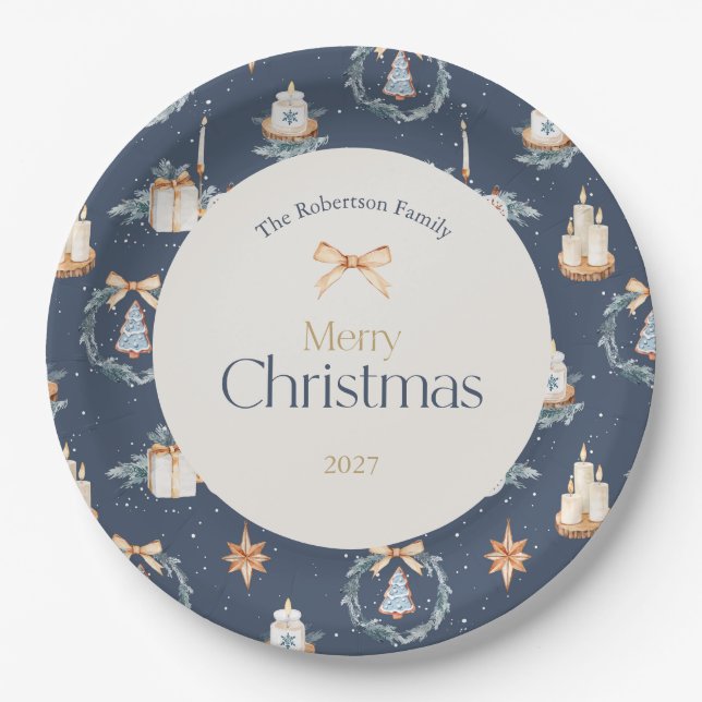 Navy Blue Watercolor Christmas Paper Plate (Front)