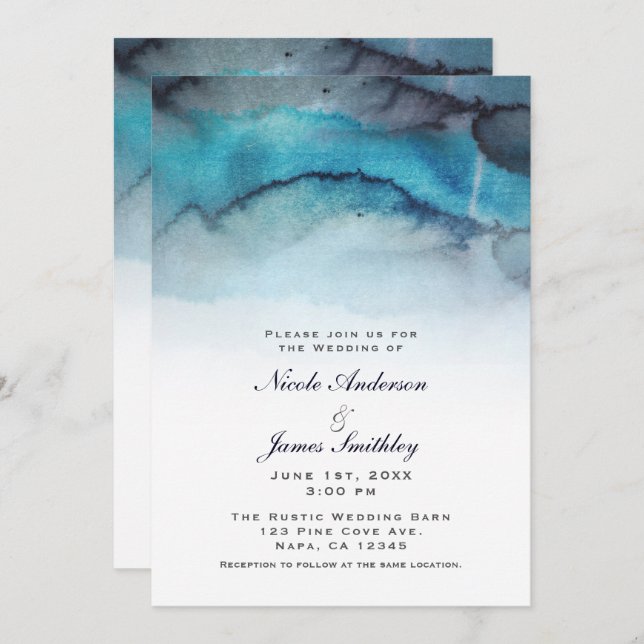 Navy Blue Watercolor Coastal Beach Abstract Waves Invitation (Front/Back)