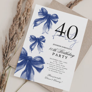 Navy Blue Watercolor Coquette Bow 40th Birthday  Invitation