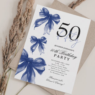 Navy Blue Watercolor Coquette Bow 50th Birthday Invitation