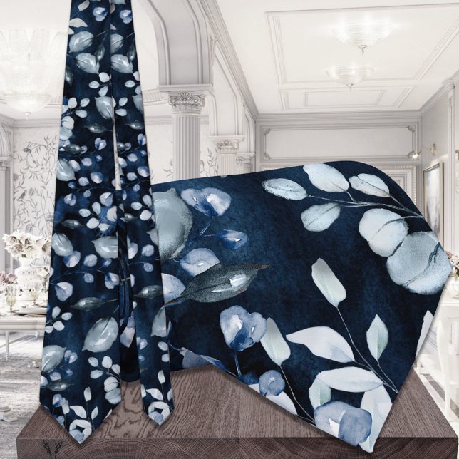 Navy Blue Watercolor Dusty Blue Greenery Wedding Tie (Creator Uploaded)
