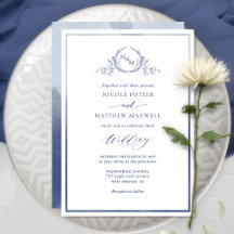 Navy Blue Watercolor Elegant Monogram Wedding