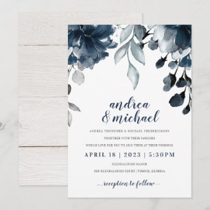 Navy Blue Watercolor Floral Bouquet Wedding Invitation