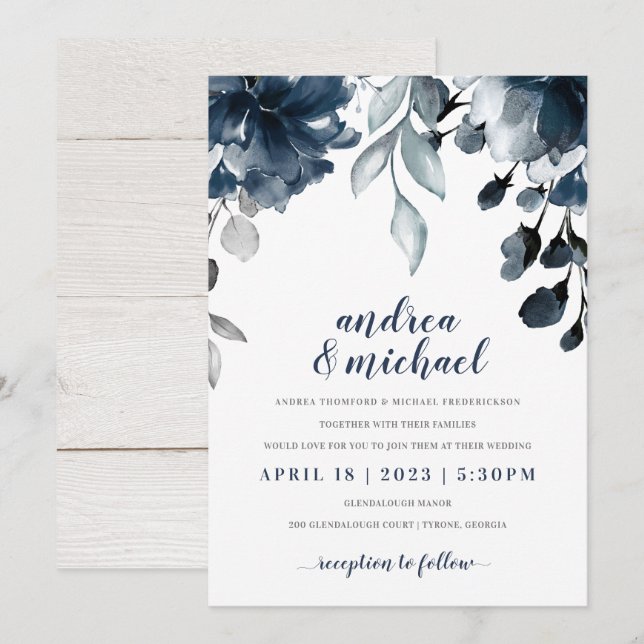 Navy Blue Watercolor Floral Bouquet Wedding Invitation (Front/Back)