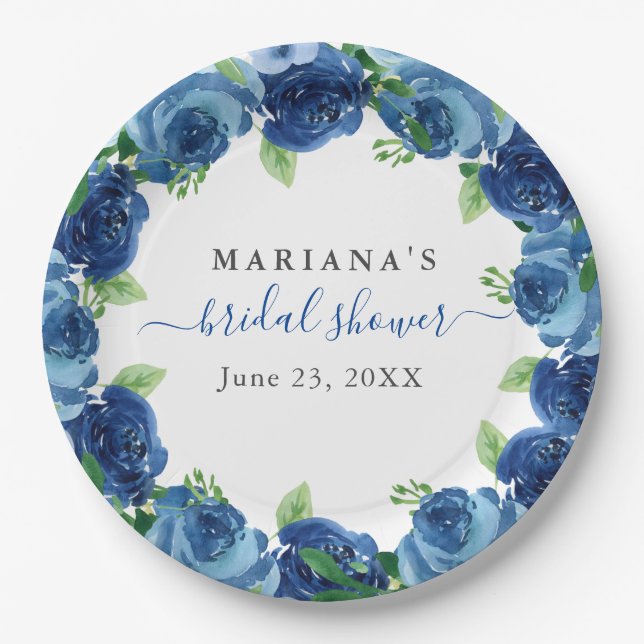 Navy Blue Watercolor Floral Bridal Shower Paper Plate (Front)