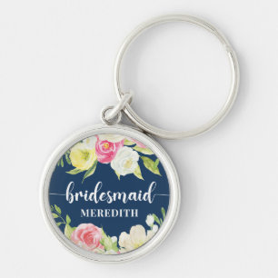 Navy Blue Watercolor Floral Bridesmaid Name Key Ring