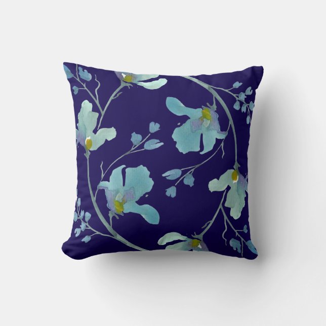 Navy Blue Watercolor Floral Cushion (Front)
