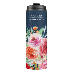 Navy Blue Watercolor Floral Custom Bridesmaid Name Thermal Tumbler