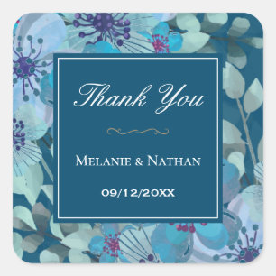 Navy Blue Watercolor Floral Elegant Thank You Square Sticker