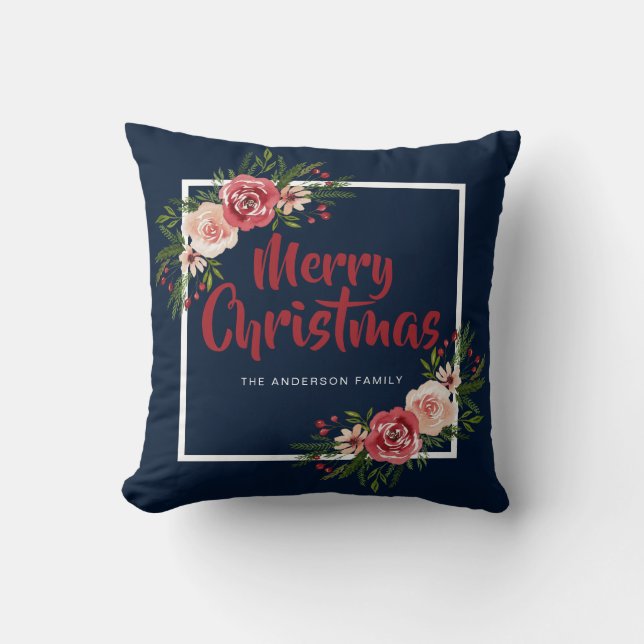 Navy Blue Watercolor Floral Merry Christmas Cushion (Front)
