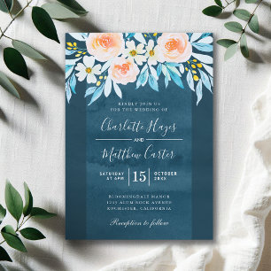 Navy Blue Watercolor Floral Modern Wedding Invitation