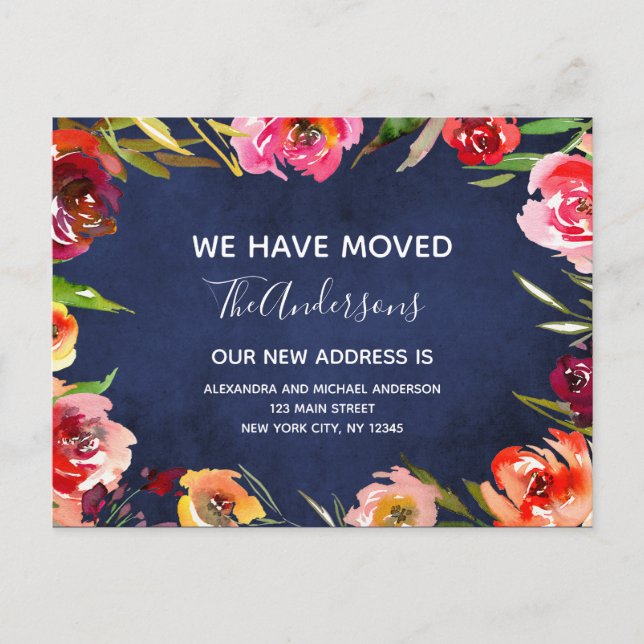 Navy Blue Watercolor Floral Moving Announcement (Front)