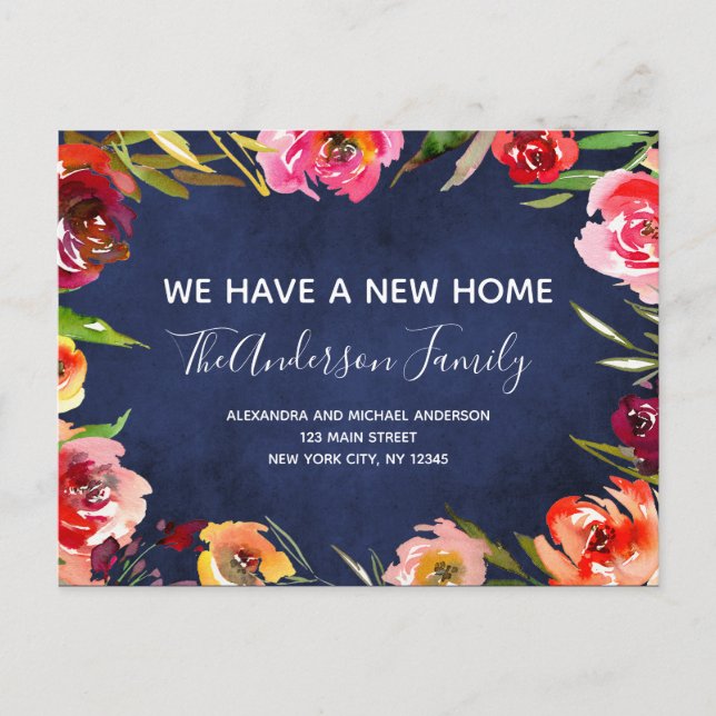 Navy Blue Watercolor Floral Moving Announcement (Front)