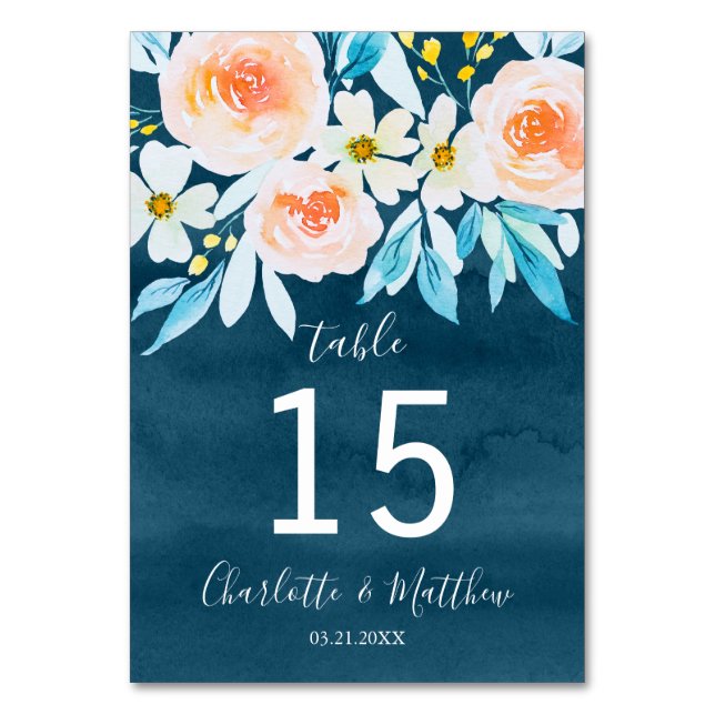 Navy Blue Watercolor Floral Personalised Wedding Table Number (Front)