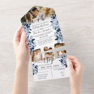 Navy Blue Watercolor Floral Photo Wedding RSVP All In One Invitation