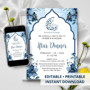 Navy Blue Watercolor Floral Ramadan Iftar Dinner Invitation