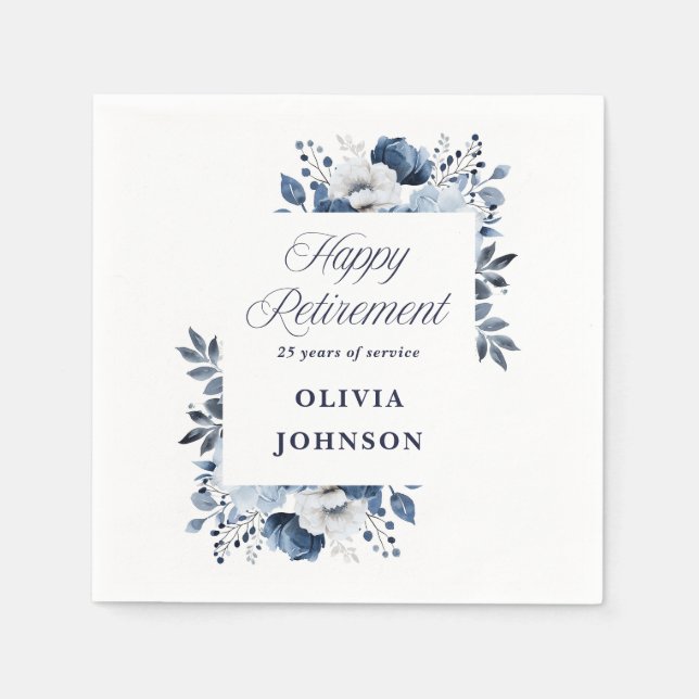 Navy Blue Watercolor Floral Retirement Party Napkin (Front)