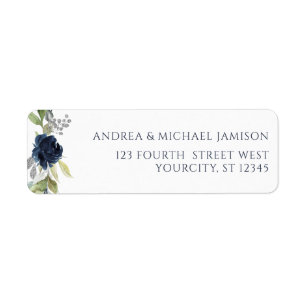 Navy Blue Watercolor Floral Wedding Address