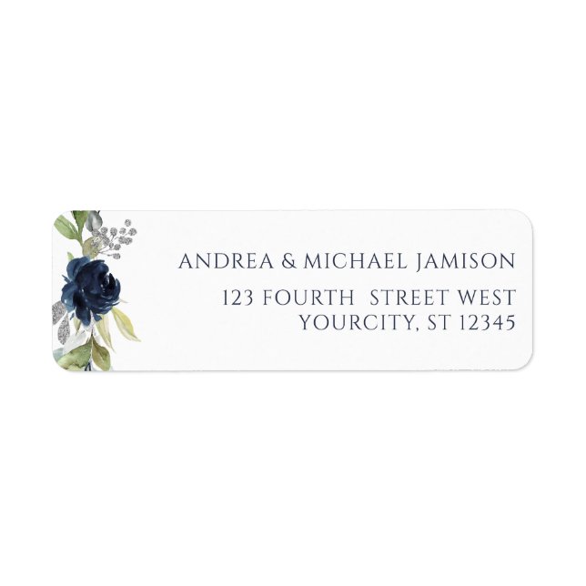 Navy Blue Watercolor Floral Wedding Address (Front)