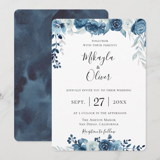 Navy Blue Watercolor Floral Wedding Invitation (Front/Back)