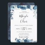 Navy Blue Watercolor Floral Wedding Invitation<br><div class="desc">Watercolor garden flowers in chic and trendy shades of navy,  light pastel and dusty blue with soft botanical branches,  wedding invitation. Back of card features coordinating dark navy blue watercolor washed pattern. Customise text,  font style,  colour and size.</div>