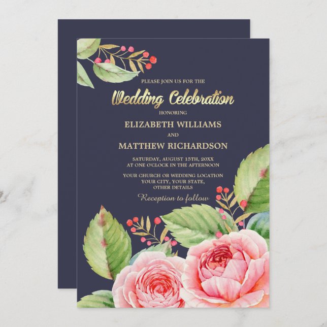 Navy Blue Watercolor Floral Wedding Invitation (Front/Back)