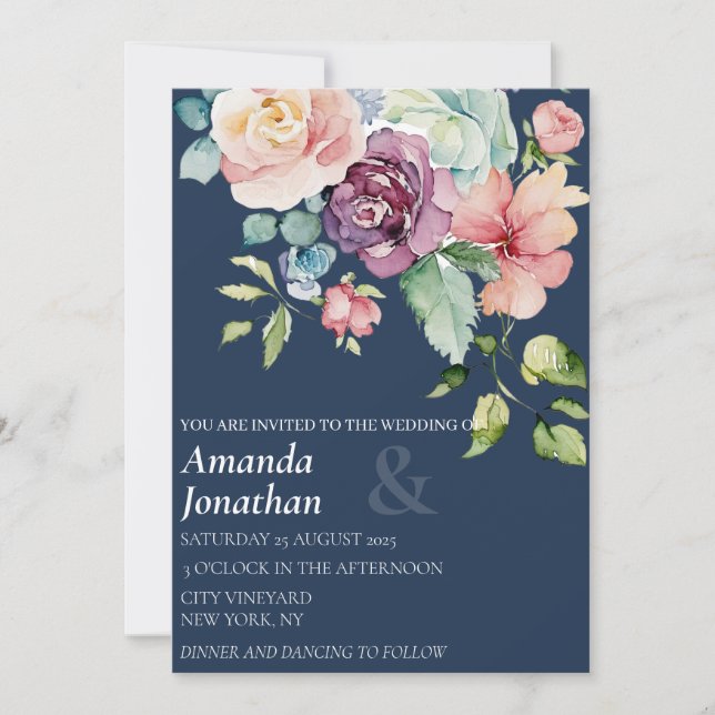Navy Blue Watercolor Floral Wedding Invitation (Front)